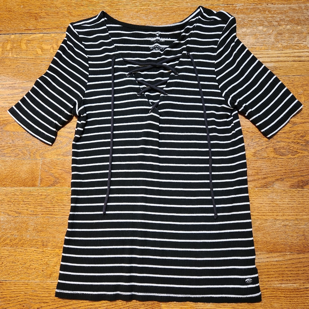 American Eagle Striped Lace Up Top